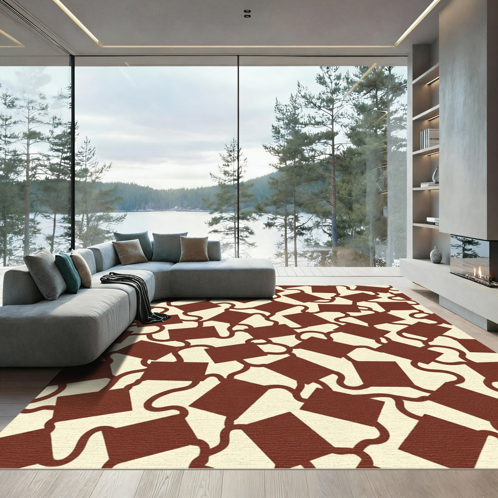 Crimson Linked Squares Abstract Rug