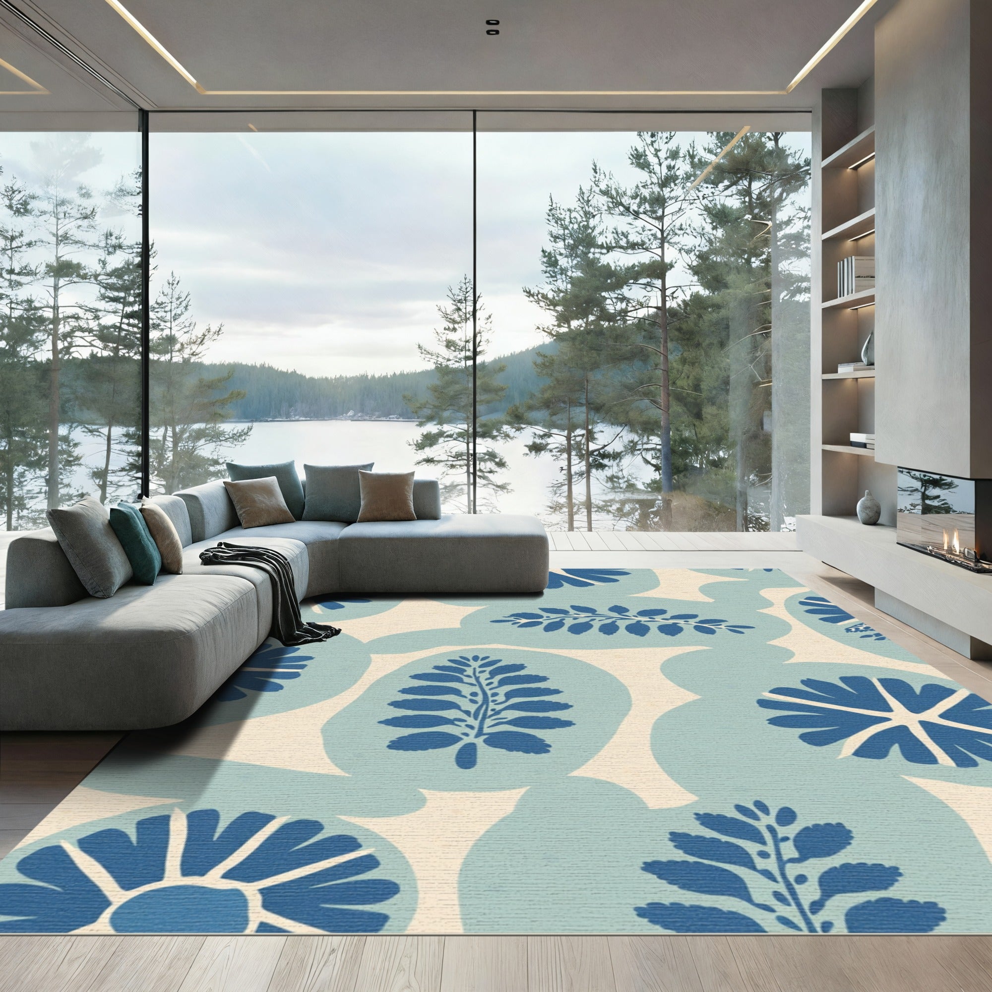 Blue Botanical Organic Abstract Rug