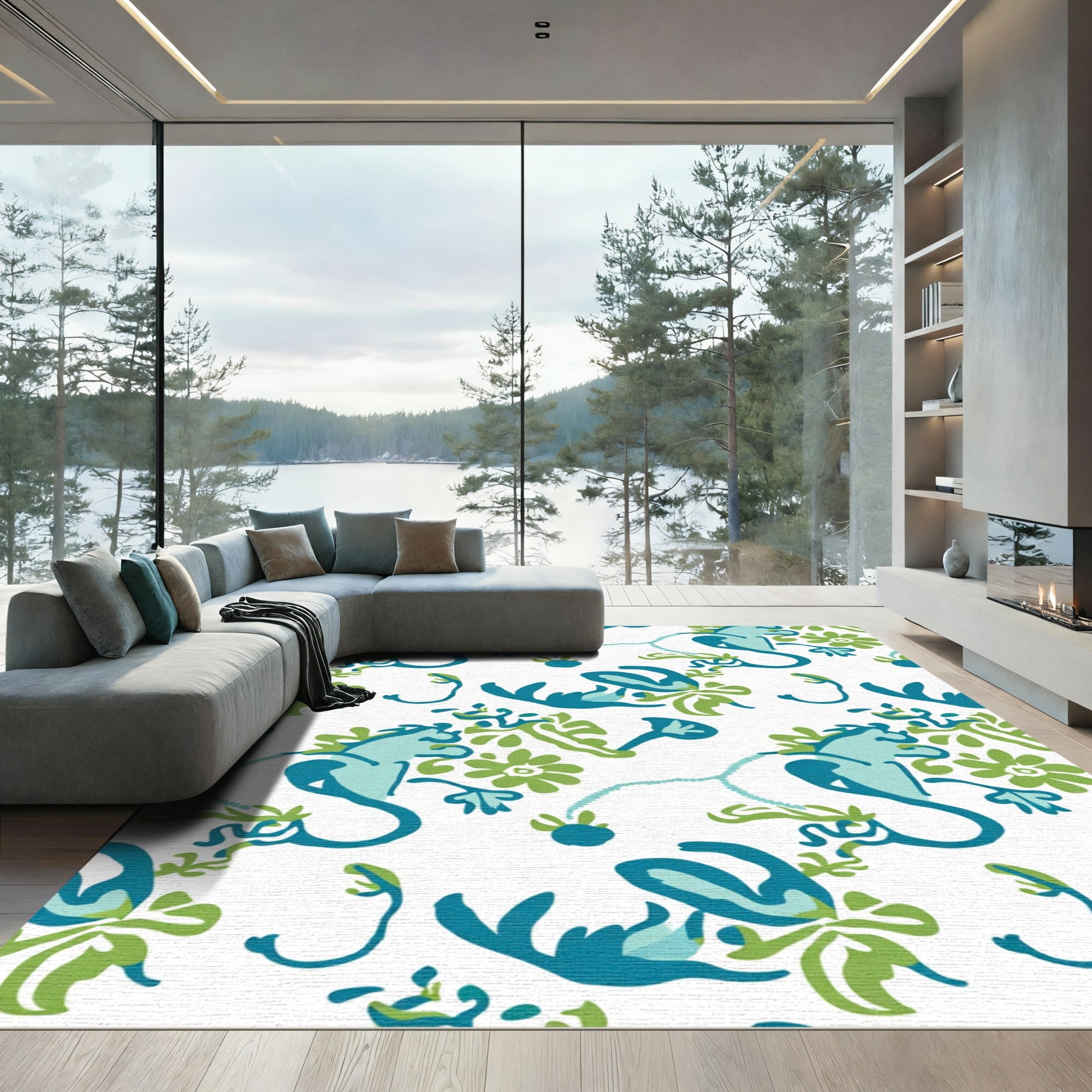 Teal And Green Floral Swirl Rug