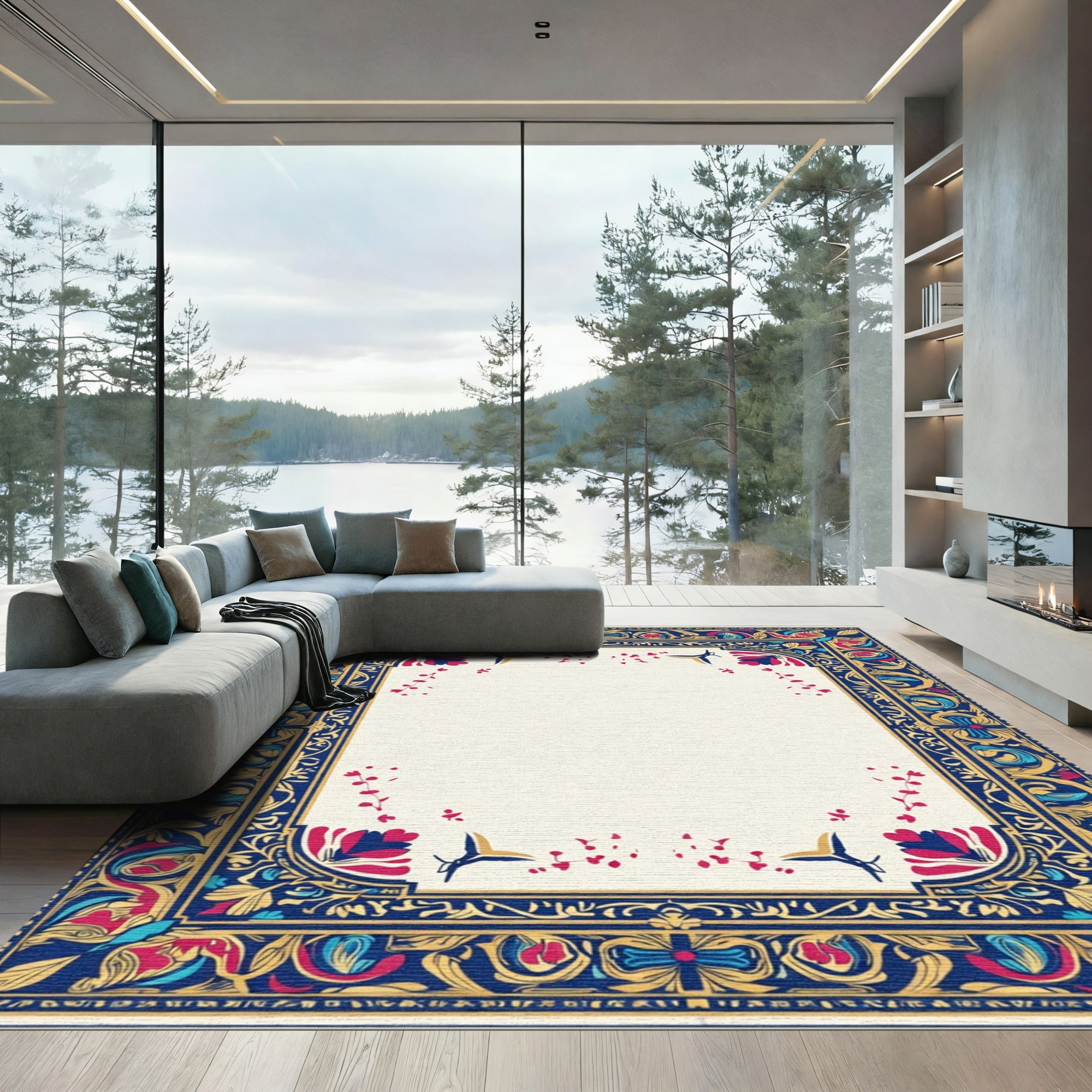 Ornate Crimson Blue Gold Floral Border Rug