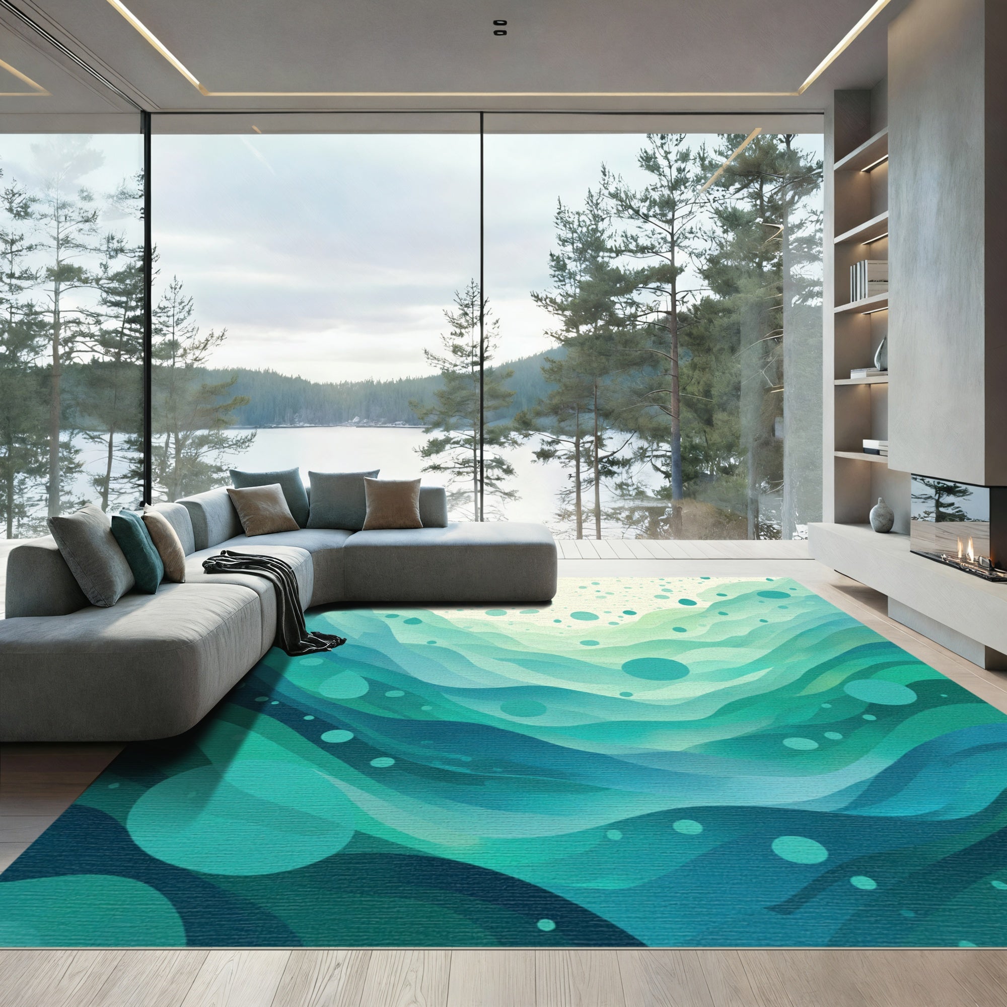 Deep Teal Wave Meadow Rug