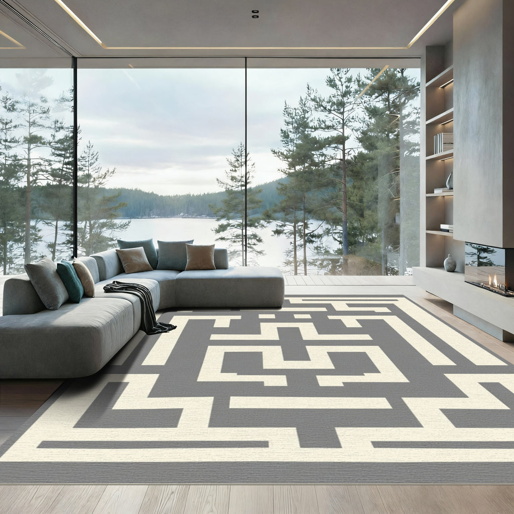 Cream Gray Geometric Labyrinth Accent Rug