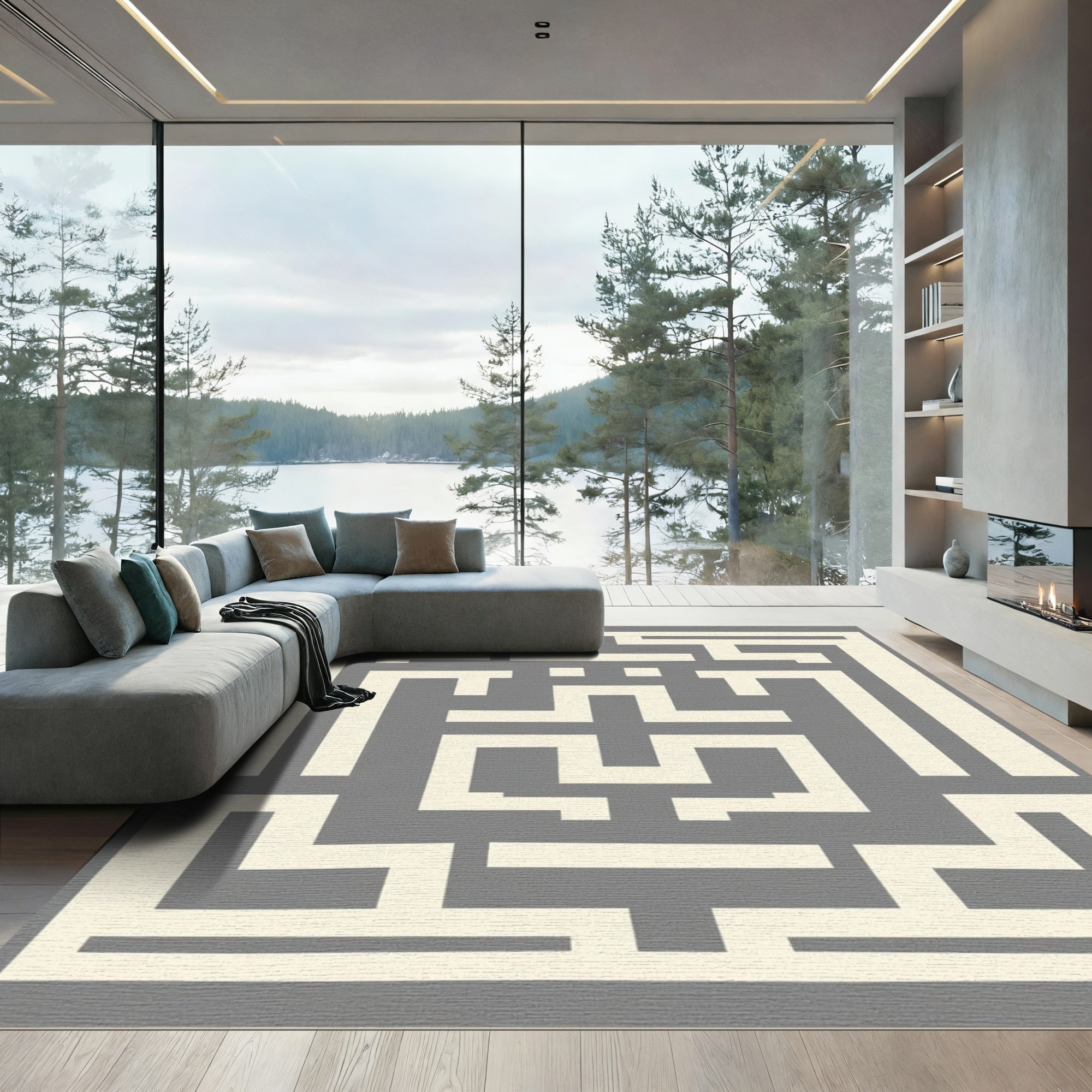 Cream Gray Geometric Labyrinth Accent Rug