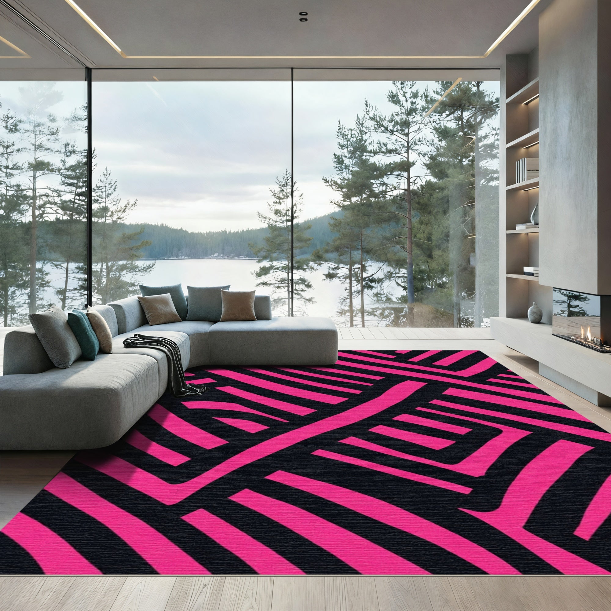 Bold Pink Black Abstract Lines Rug
