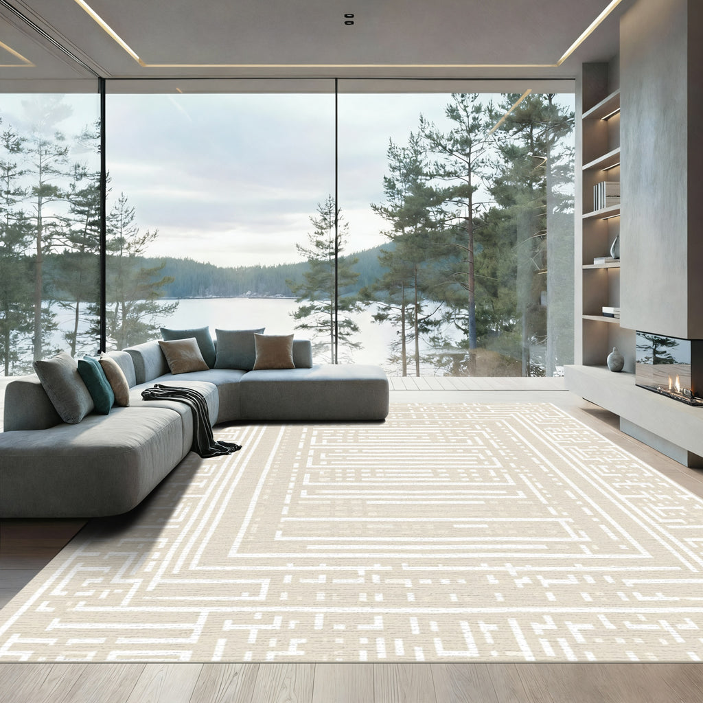 Neutral Beige Geometric Labyrinth Rug