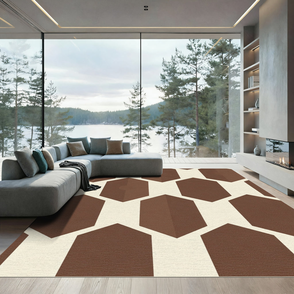 Brown Cream Hexagonal Art Rug