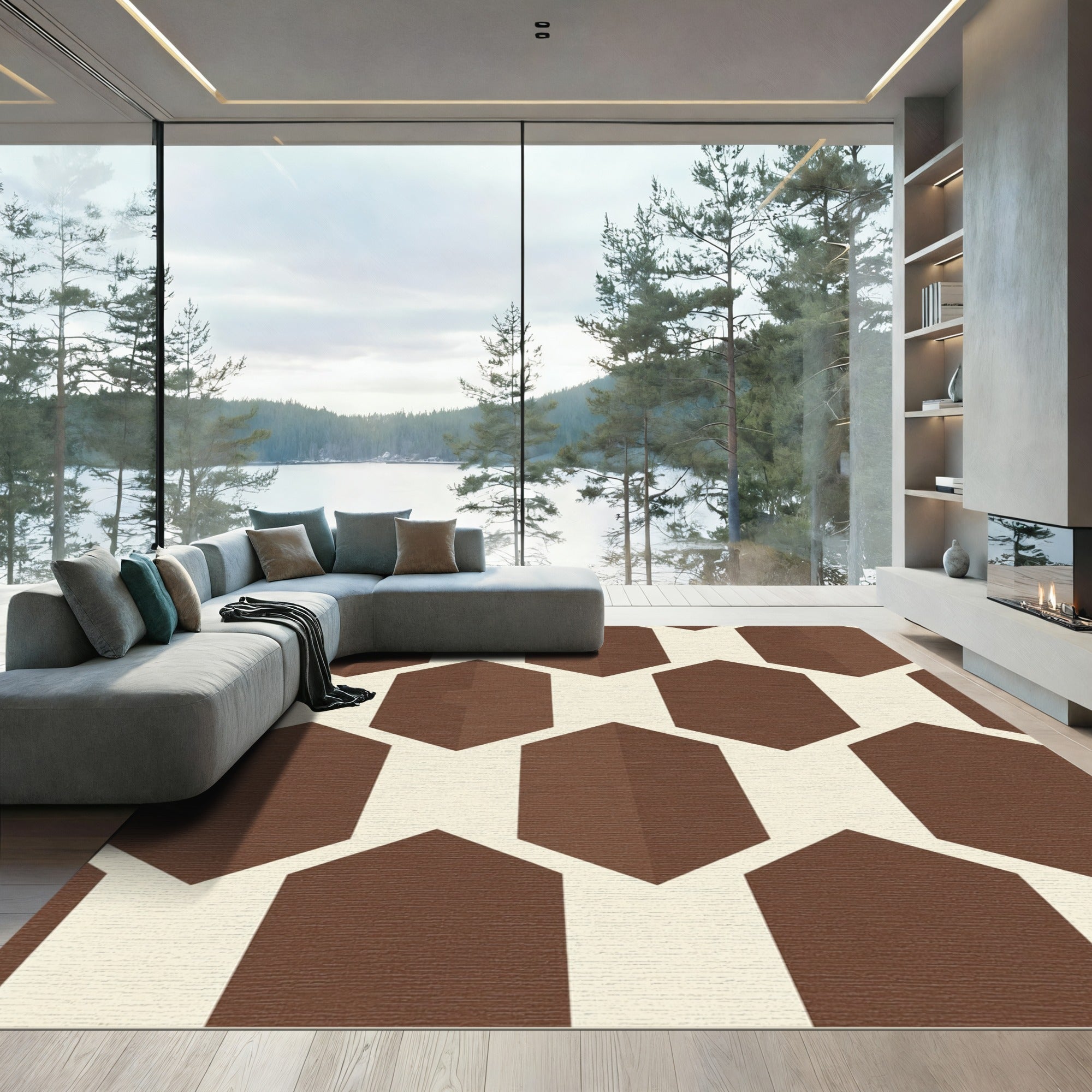 Brown Cream Hexagonal Art Rug