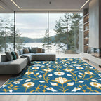 Deep Blue White Gold Floral Vine Rug