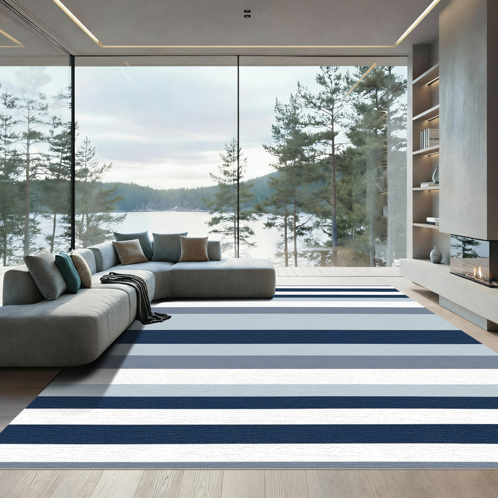Navy Blue Gray White Stripe Rug