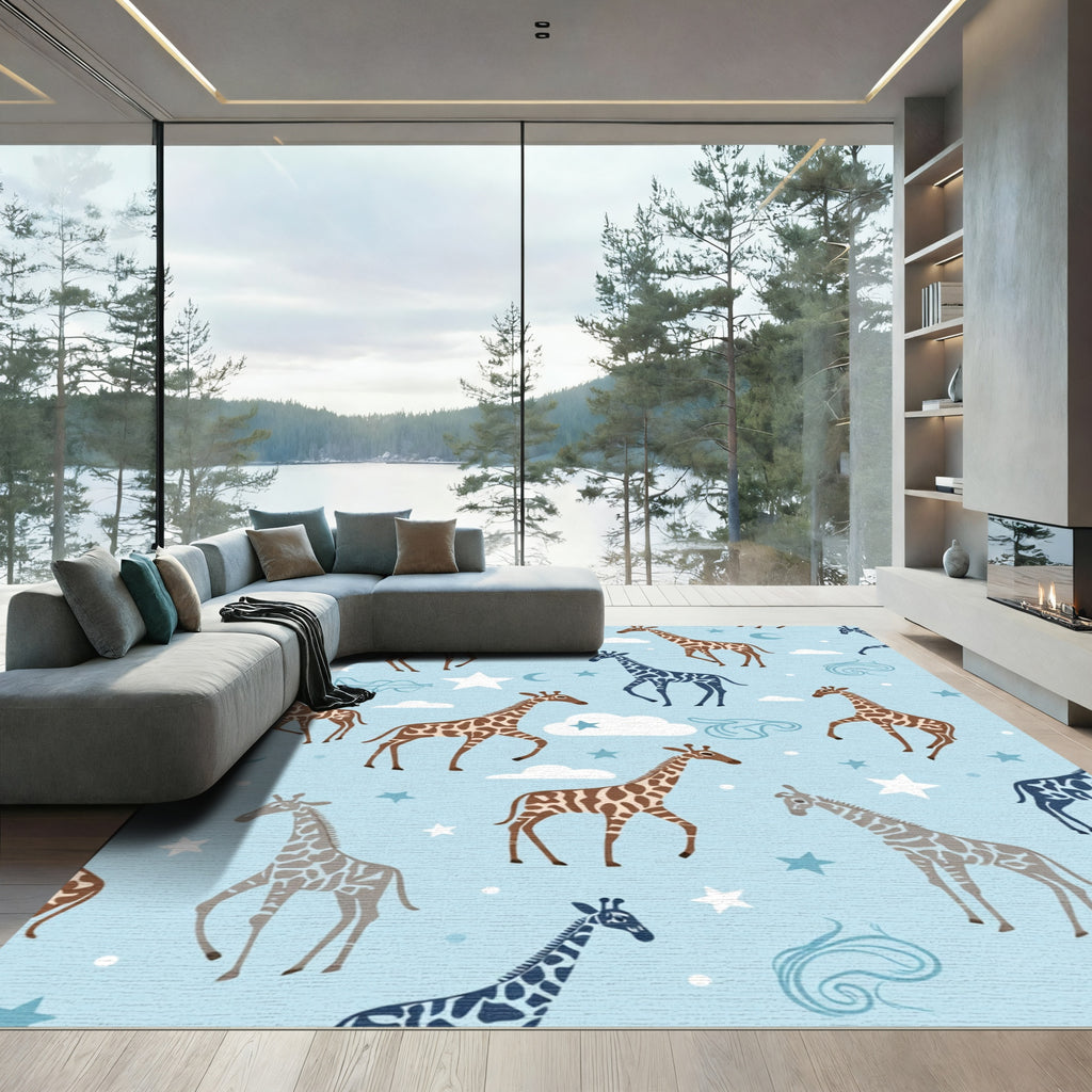 Whimsical Giraffe Sky Stars Rug