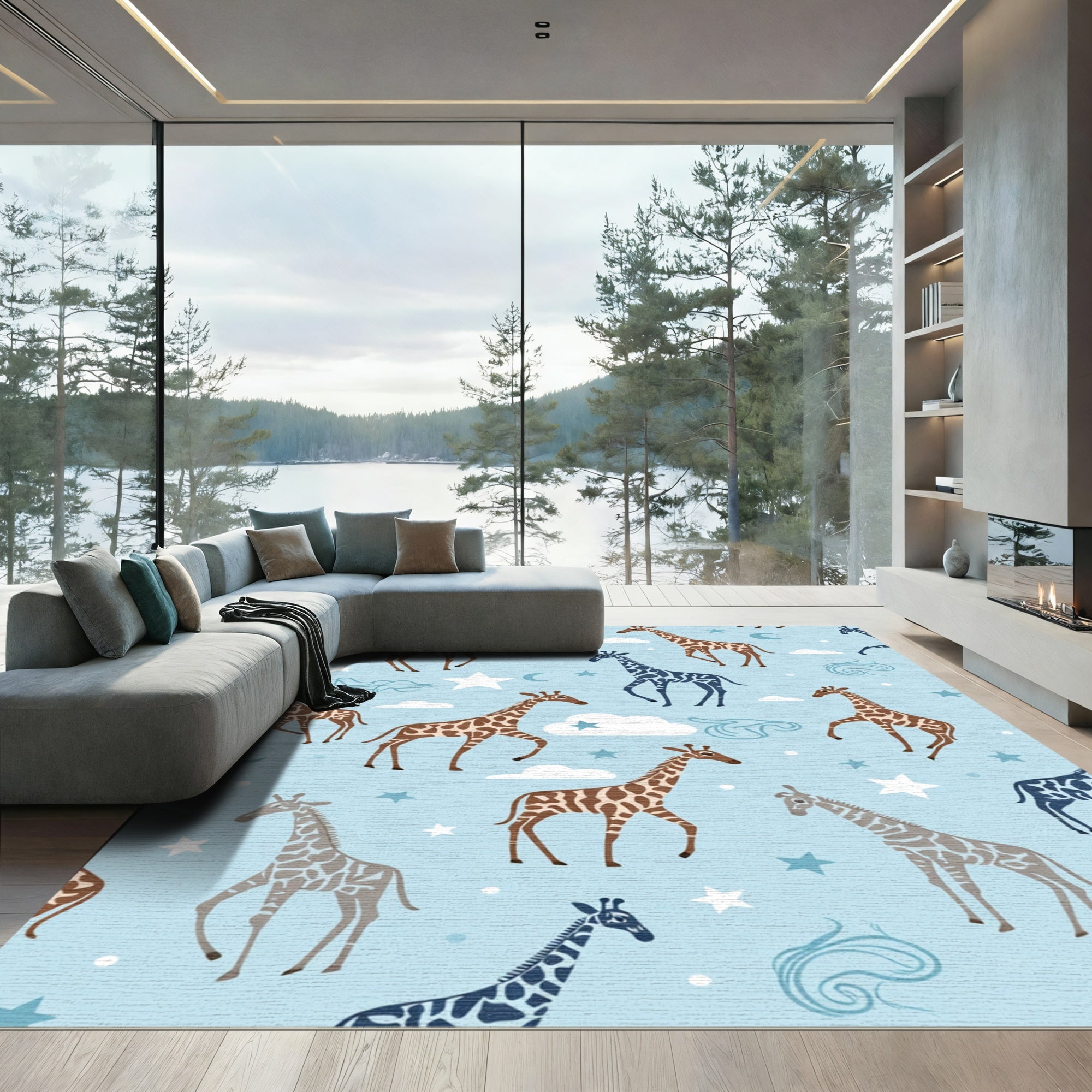 Whimsical Giraffe Sky Stars Rug