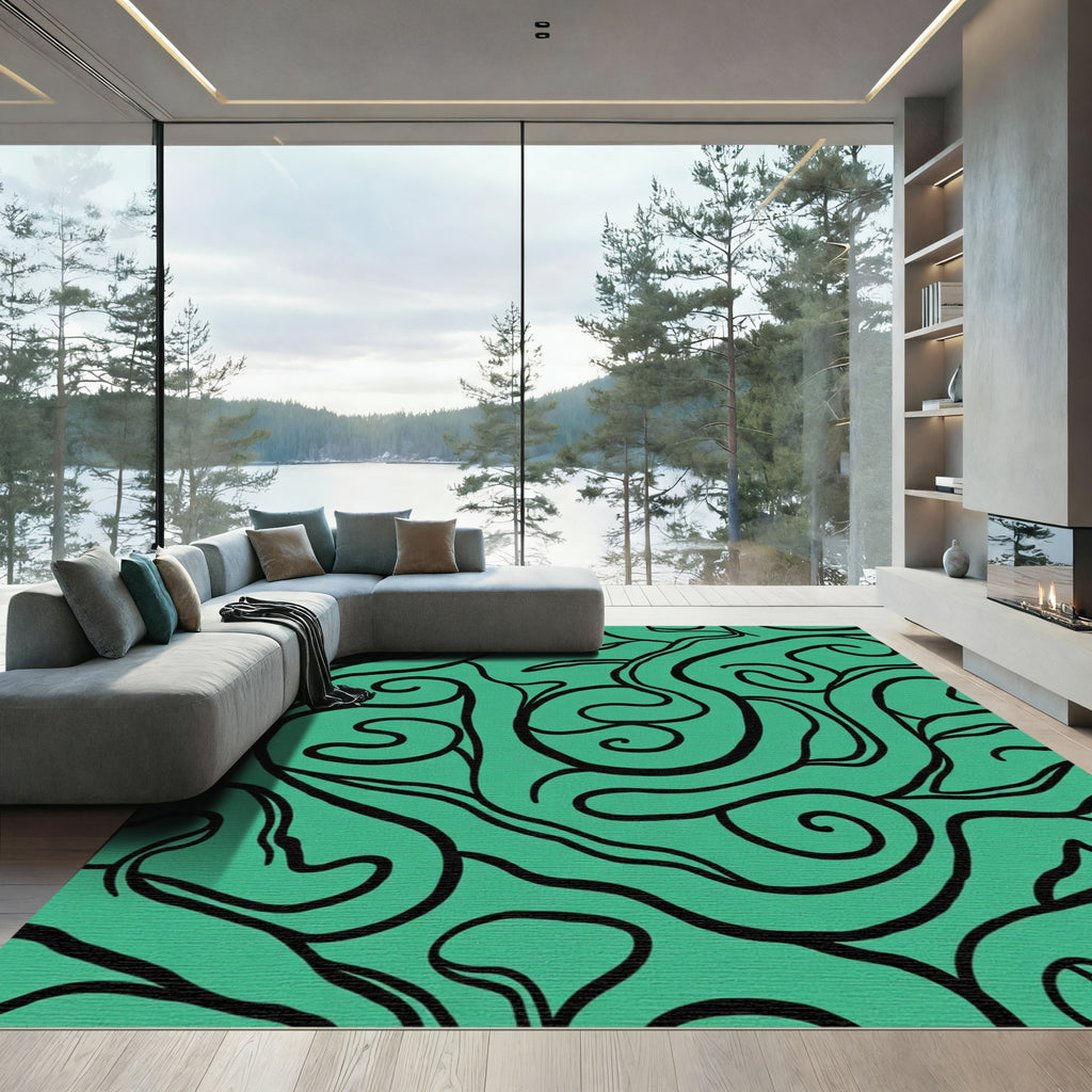 Teal Black Organic Swirl Flow Rug