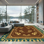 Brown Floral Medallion Teal Border Rug