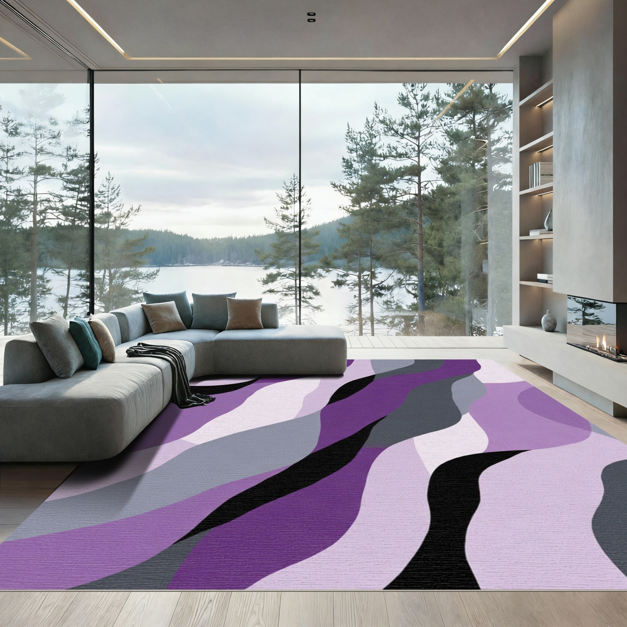 Purple Gray Black Abstract Waves Rug