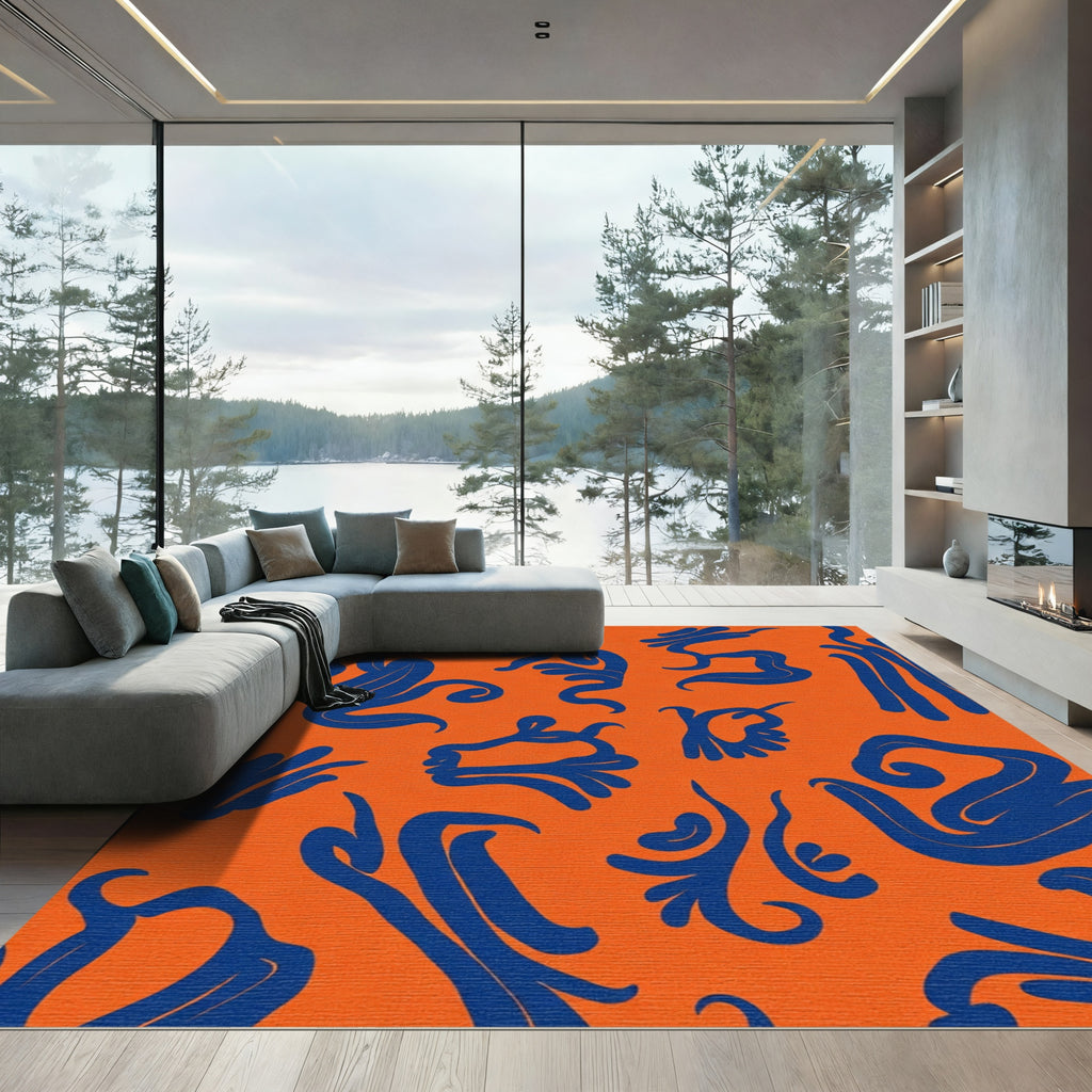 Vibrant Navy Organic Swirls on Orange Rug