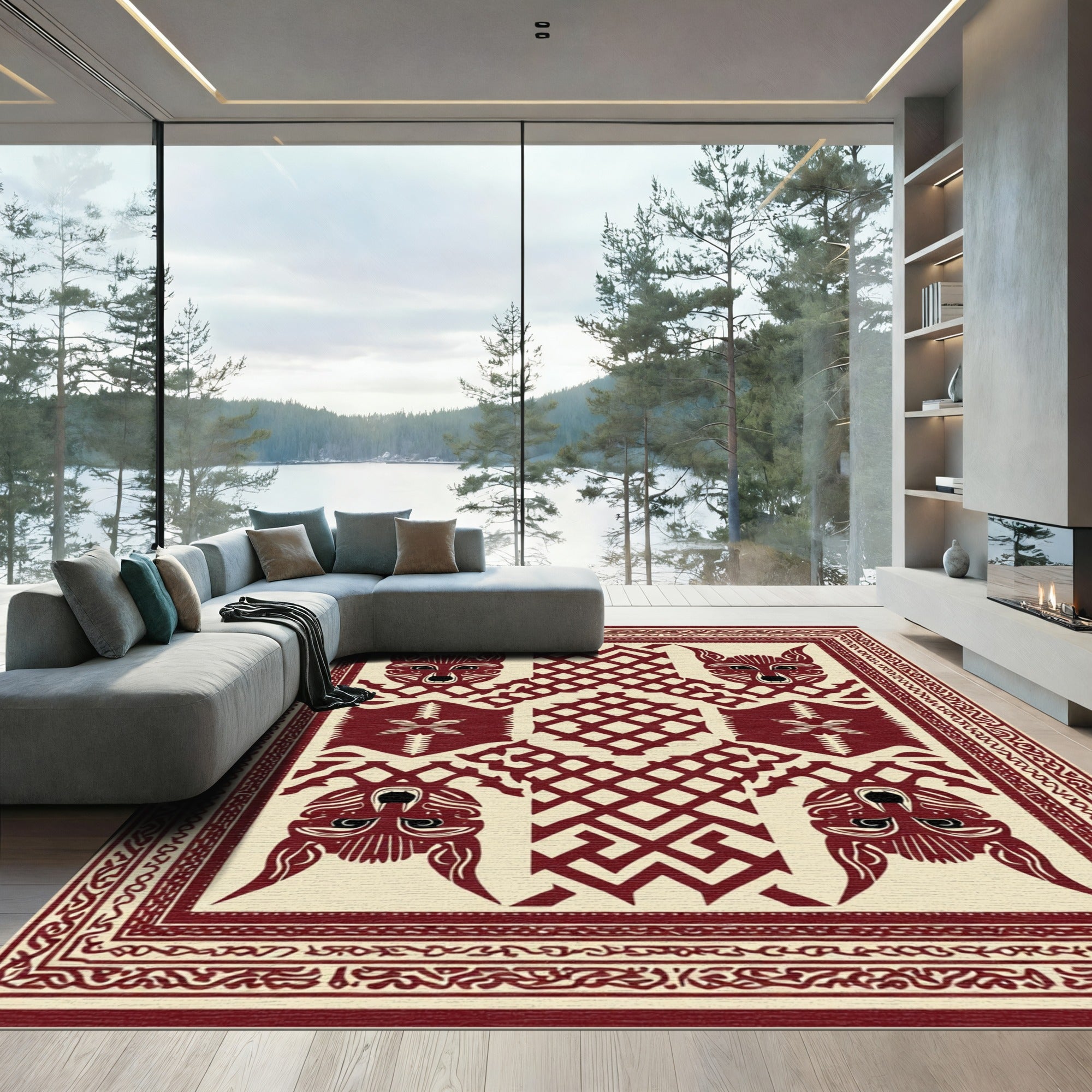 Earthy Crimson Animal Motif Rug