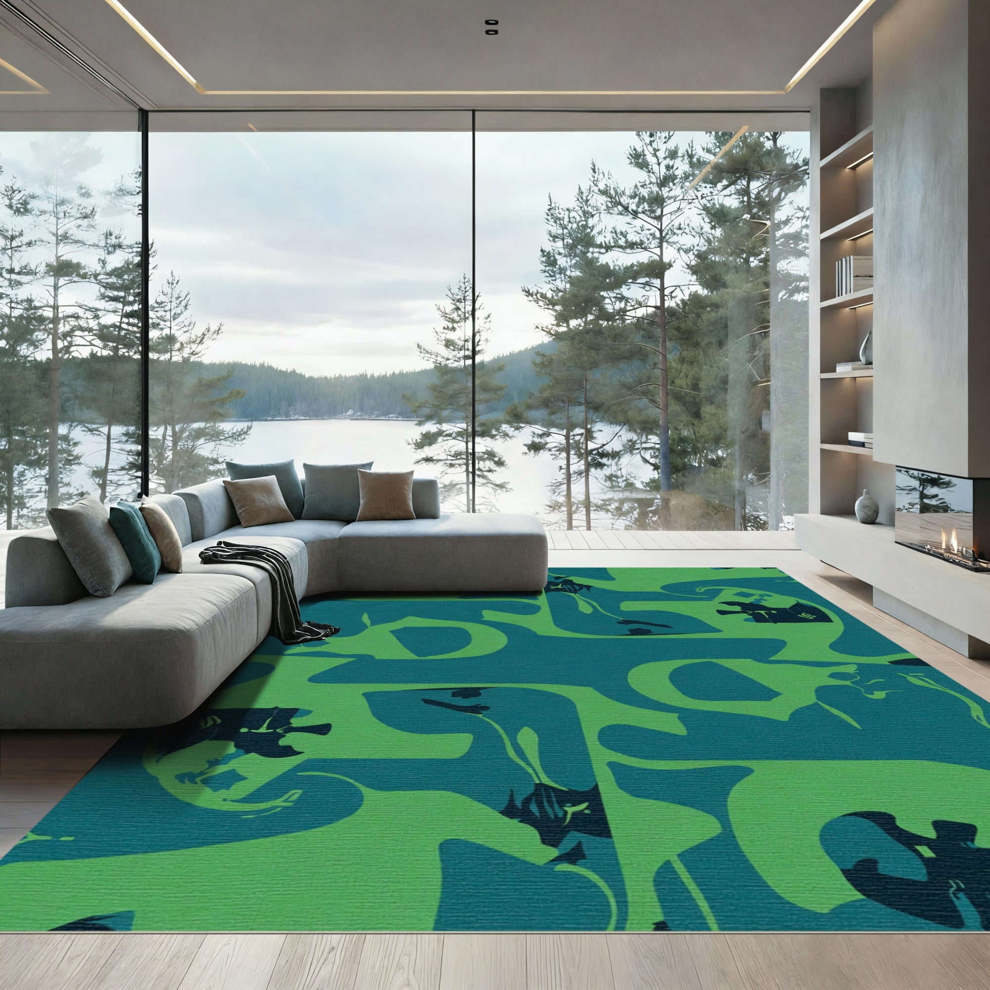Teal Green Abstract Organic Flow Rug