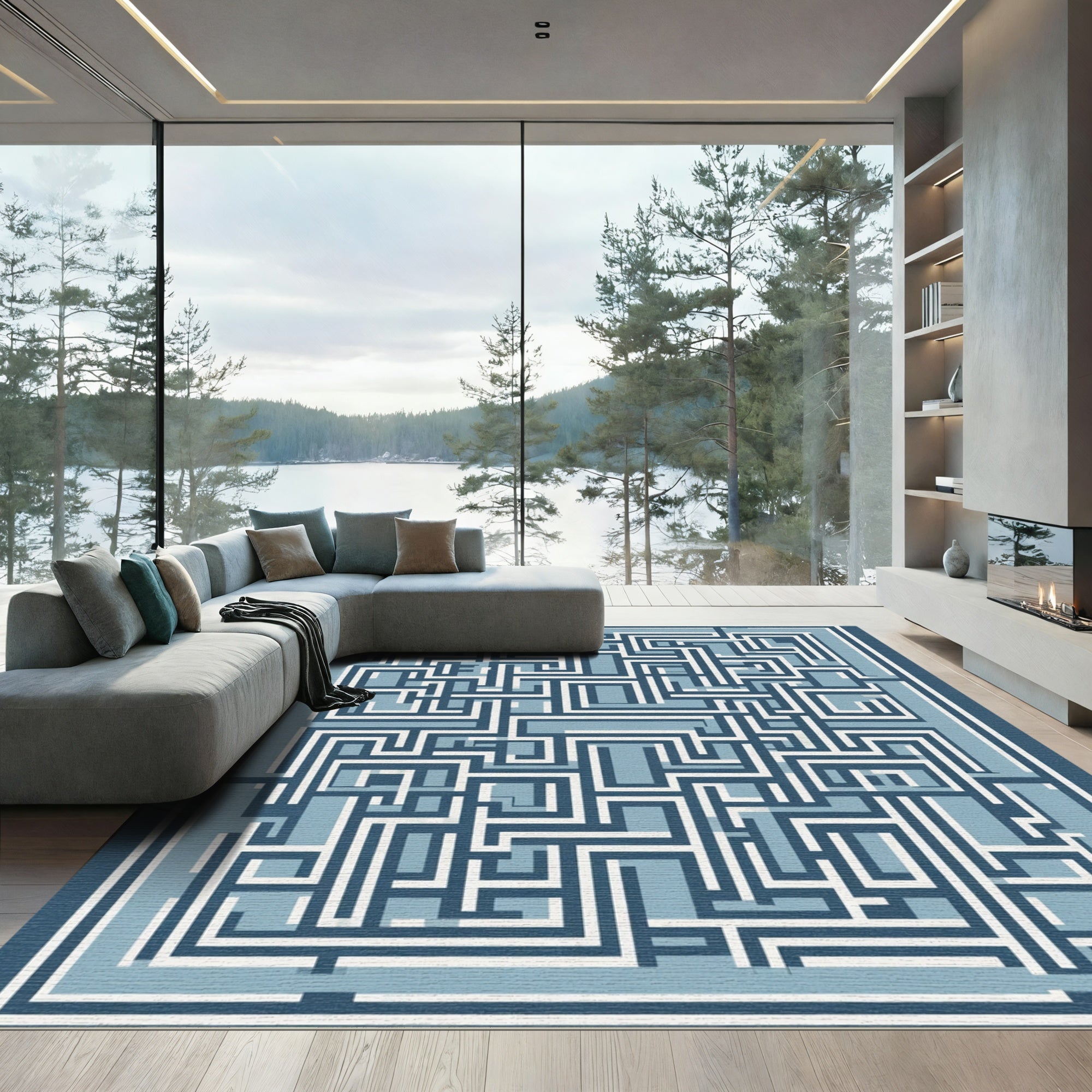 Navy Blue Geometric Maze Abstract Rug