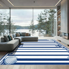Nautical Blue White Striped Seashell Anchor Border Rug