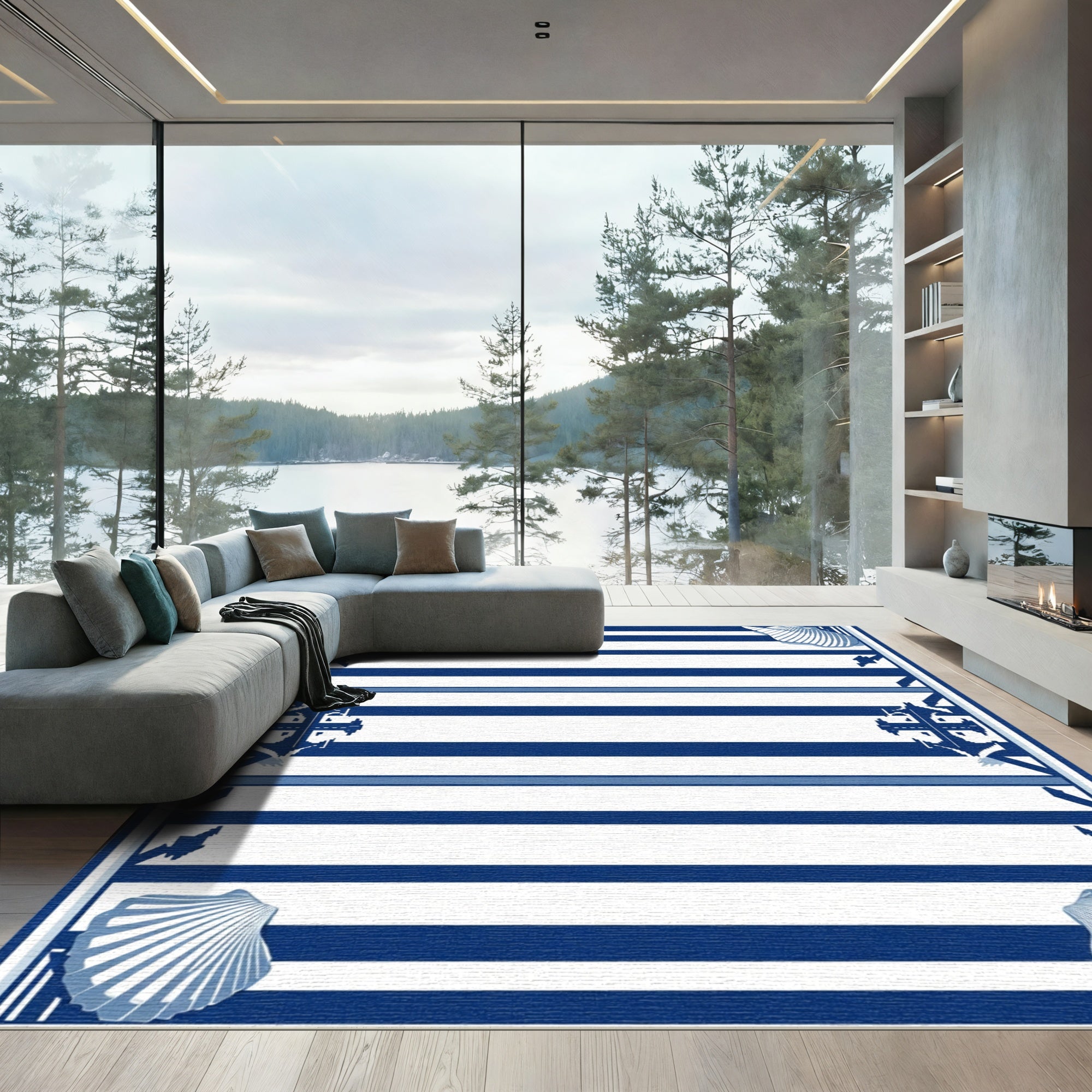 Nautical Blue White Striped Seashell Anchor Border Rug