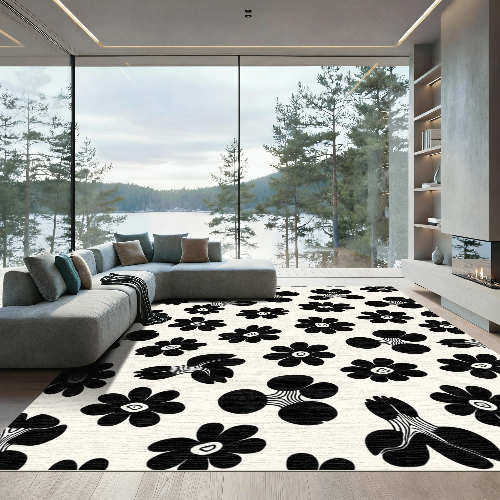 Black White Mid Century Flower Garden Rug