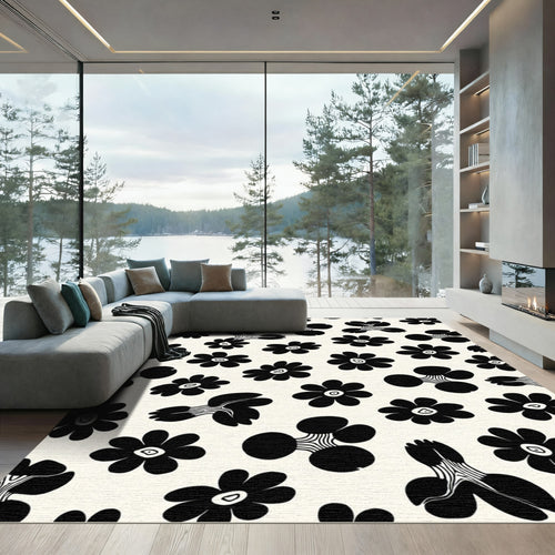 Black White Mid Century Flower Garden Rug