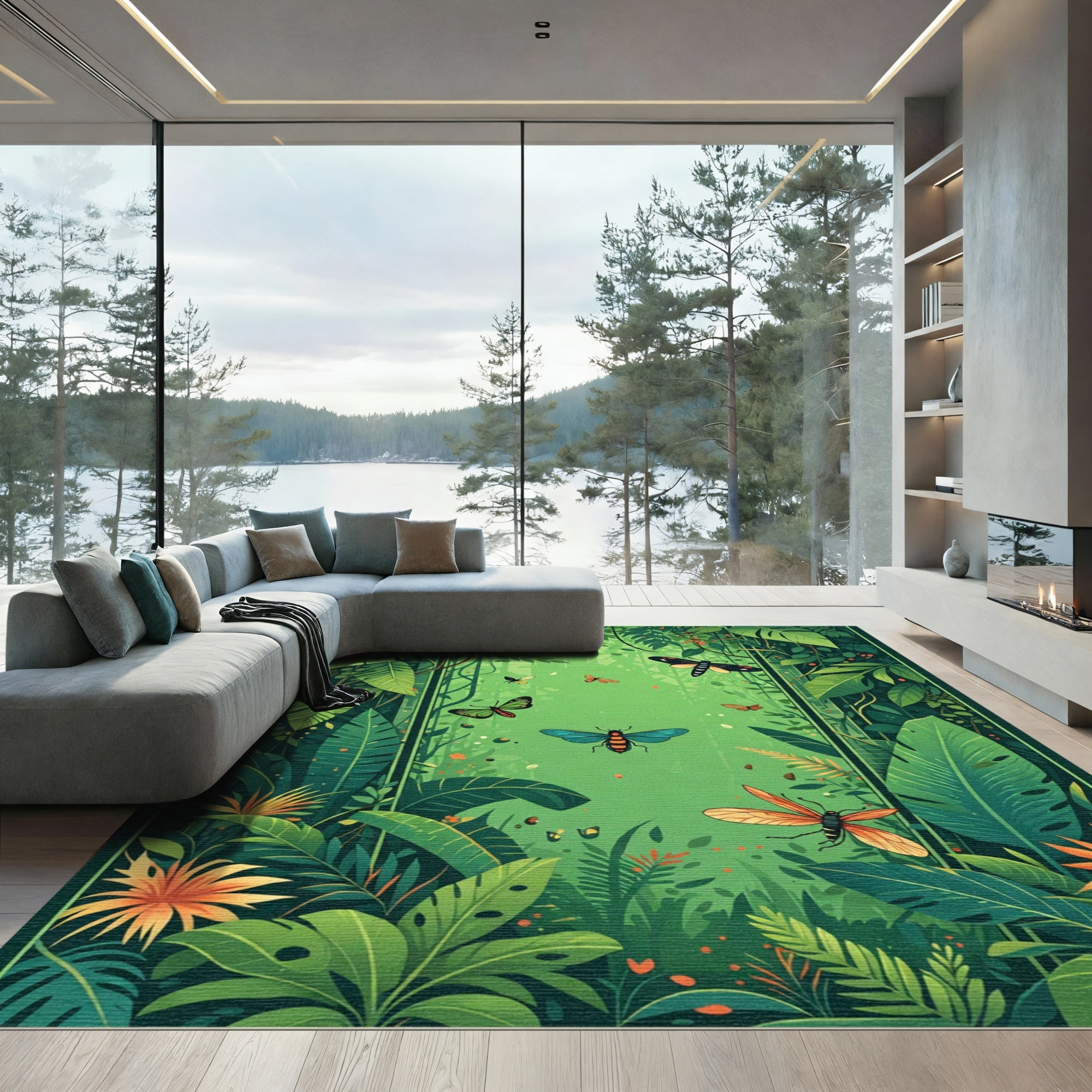 Lush Green Jungle Insects Garden Rug