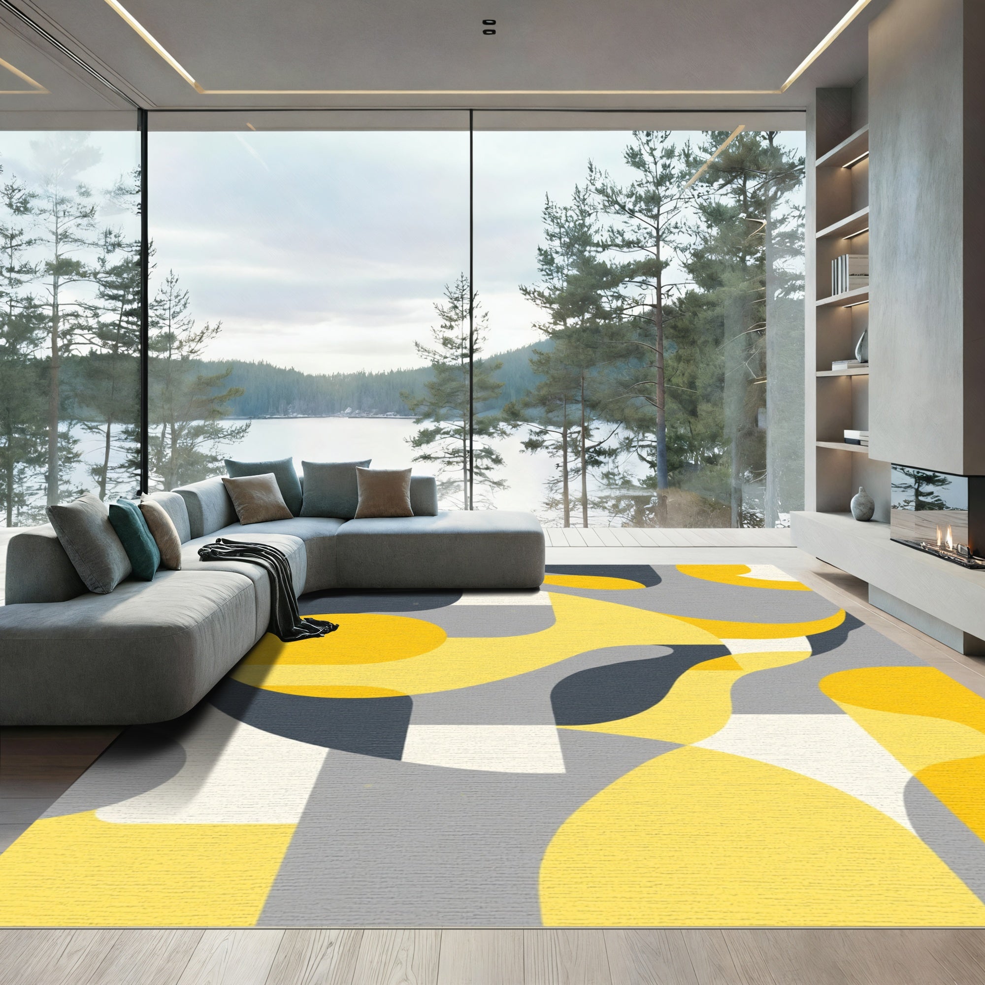 Vibrant Abstract Yellow Gray Forms Rug