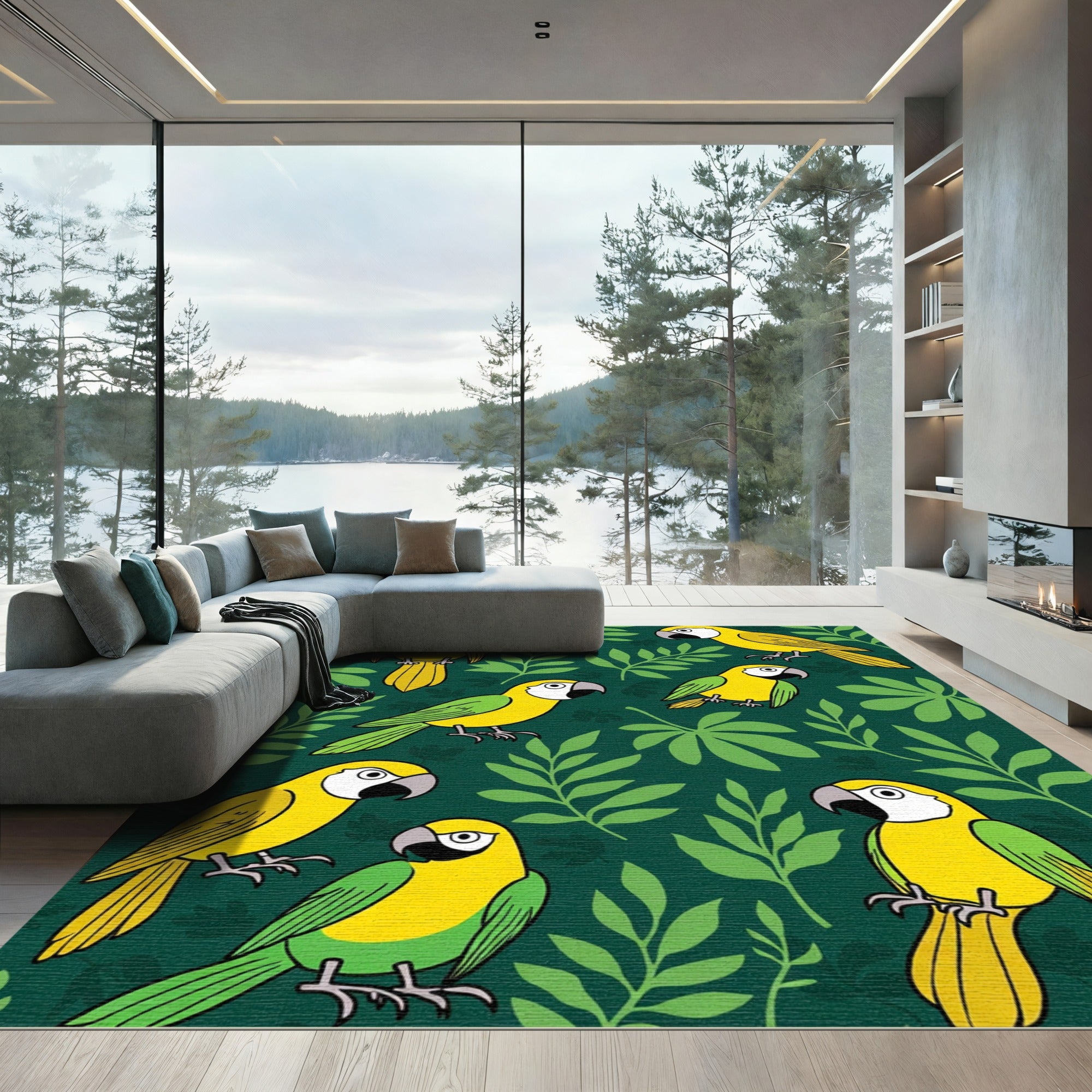 Yellow Parrots Tropical Foliage Rug