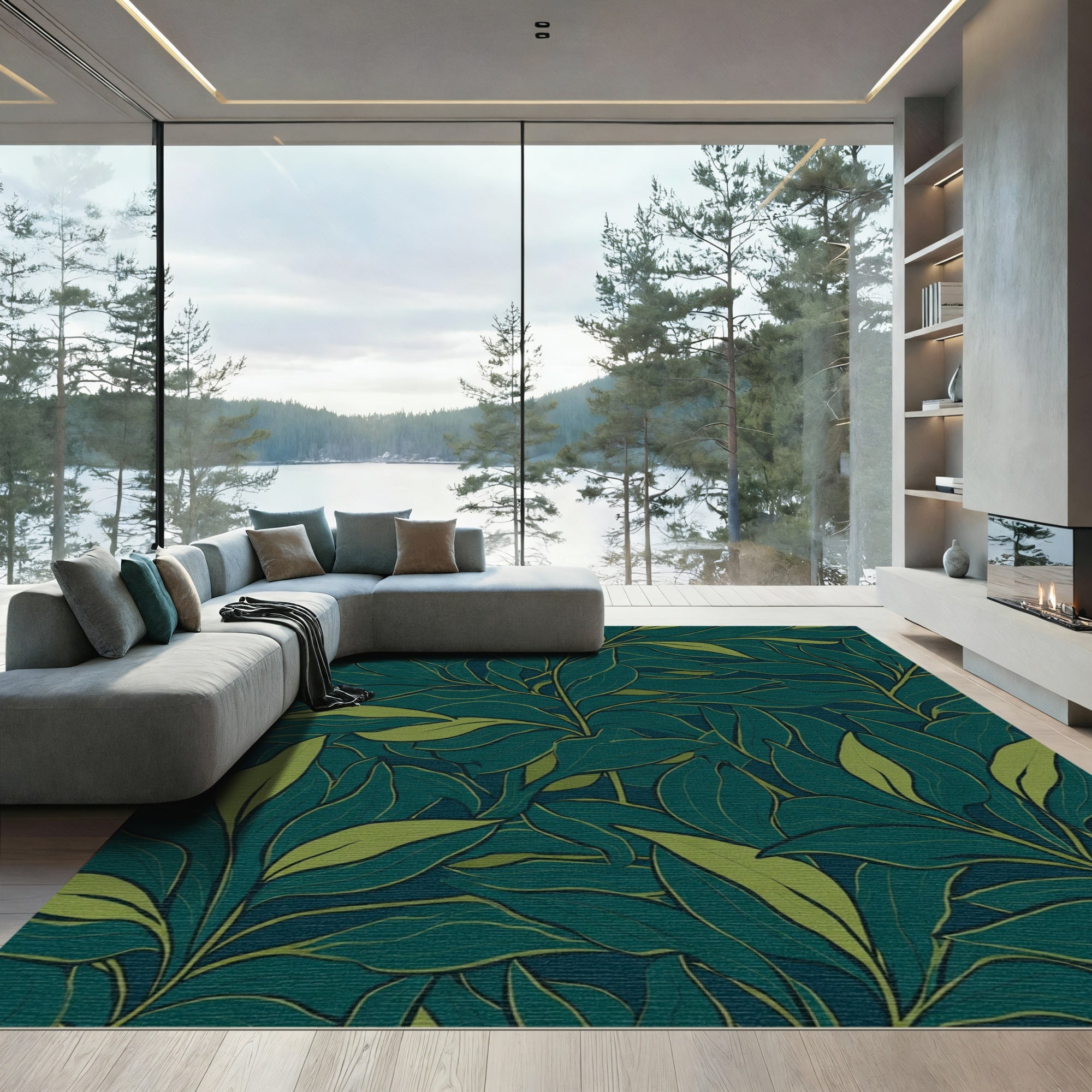 Dark Teal Lush Green Foliage Rug
