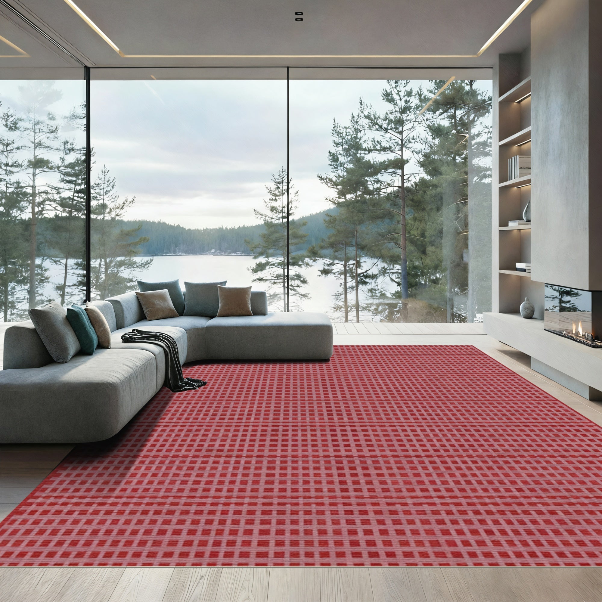 Crimson Linen Weave Grid Rug