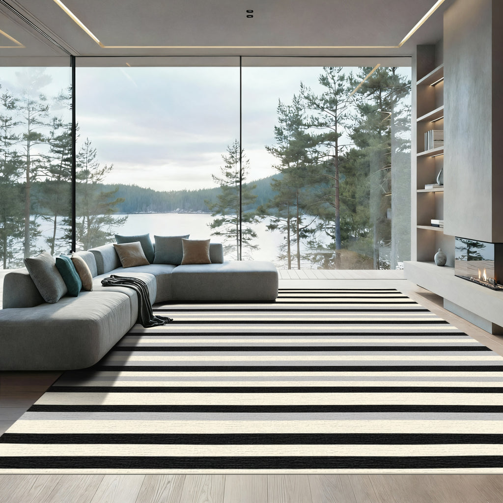 Modern Off White Black Gray Stripes Rug
