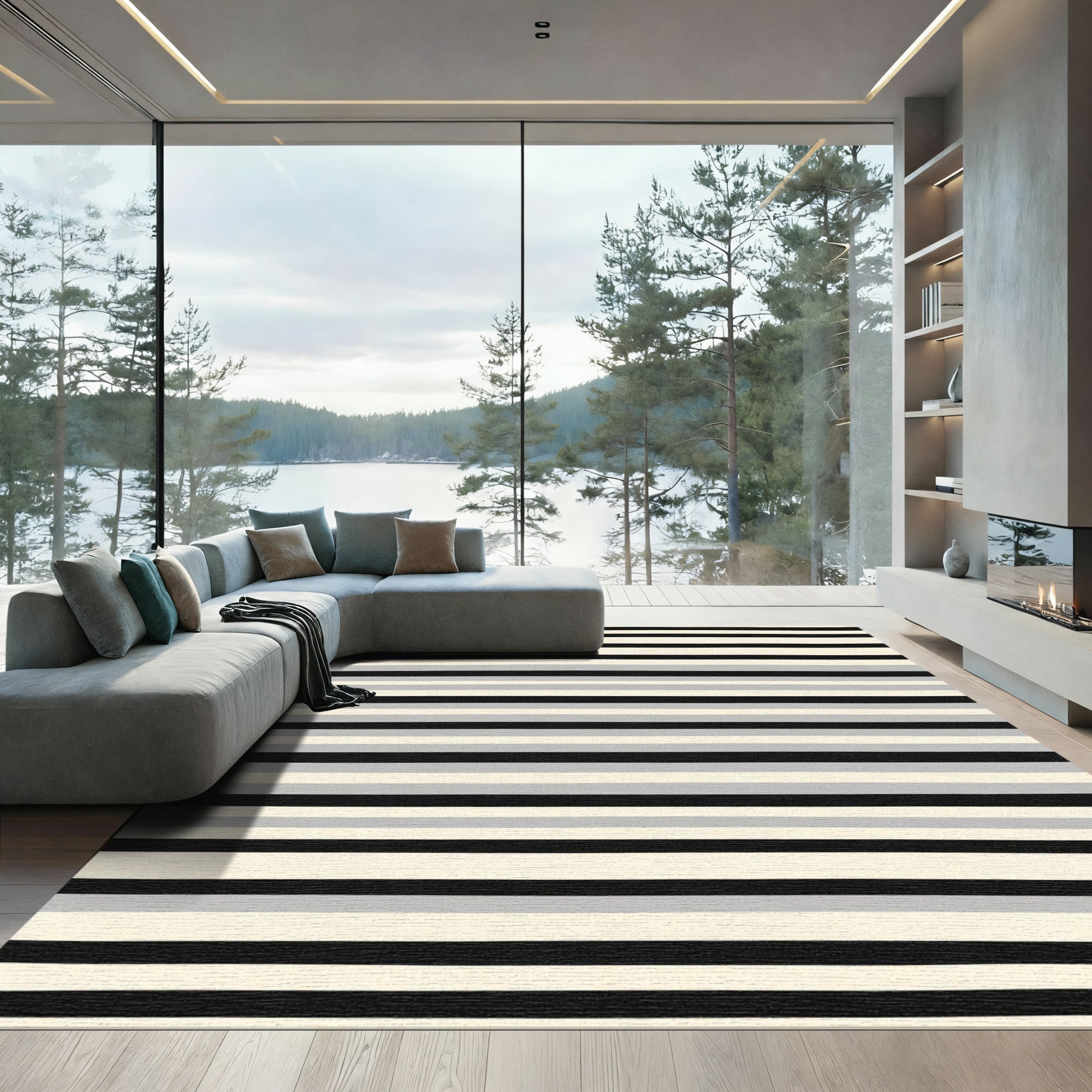 Modern Off White Black Gray Stripes Rug