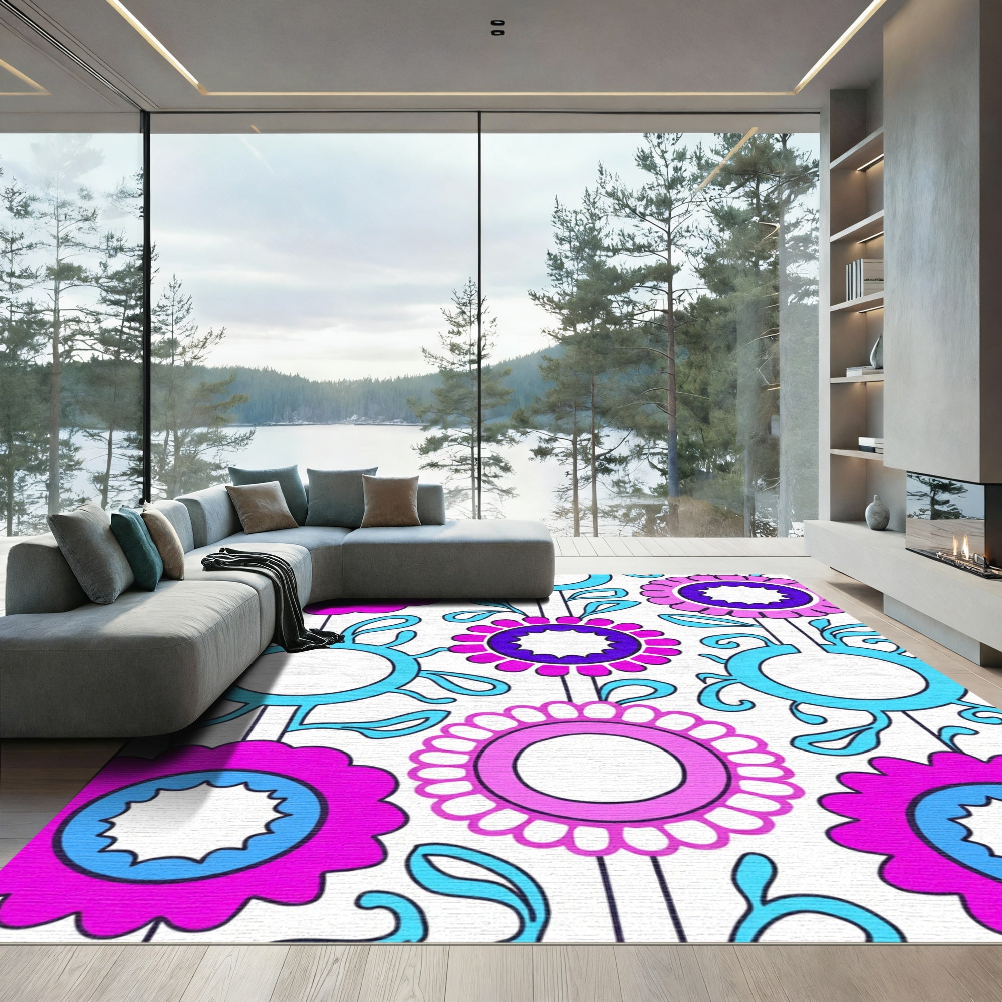 Bold Pink Blue Floral Medallion Rug