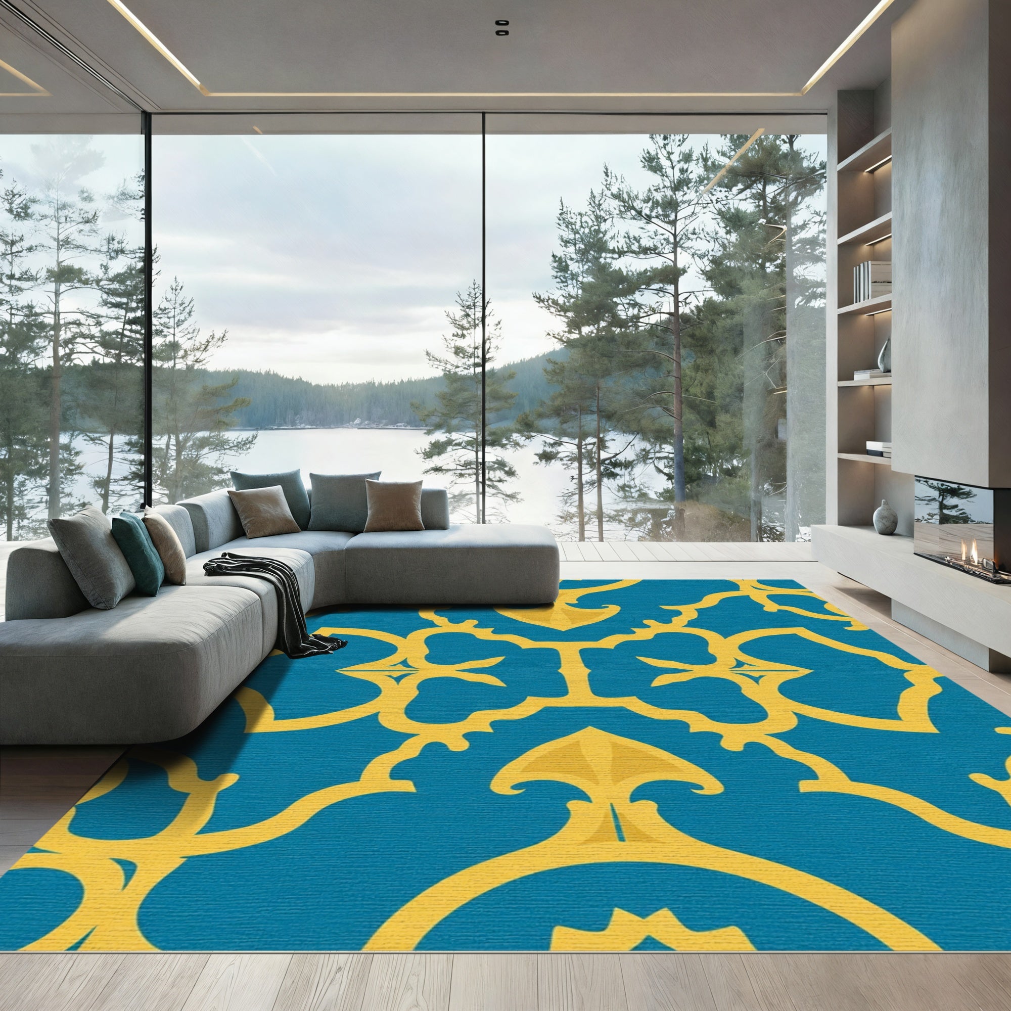 Blue Gold Arabesque Lattice Rug