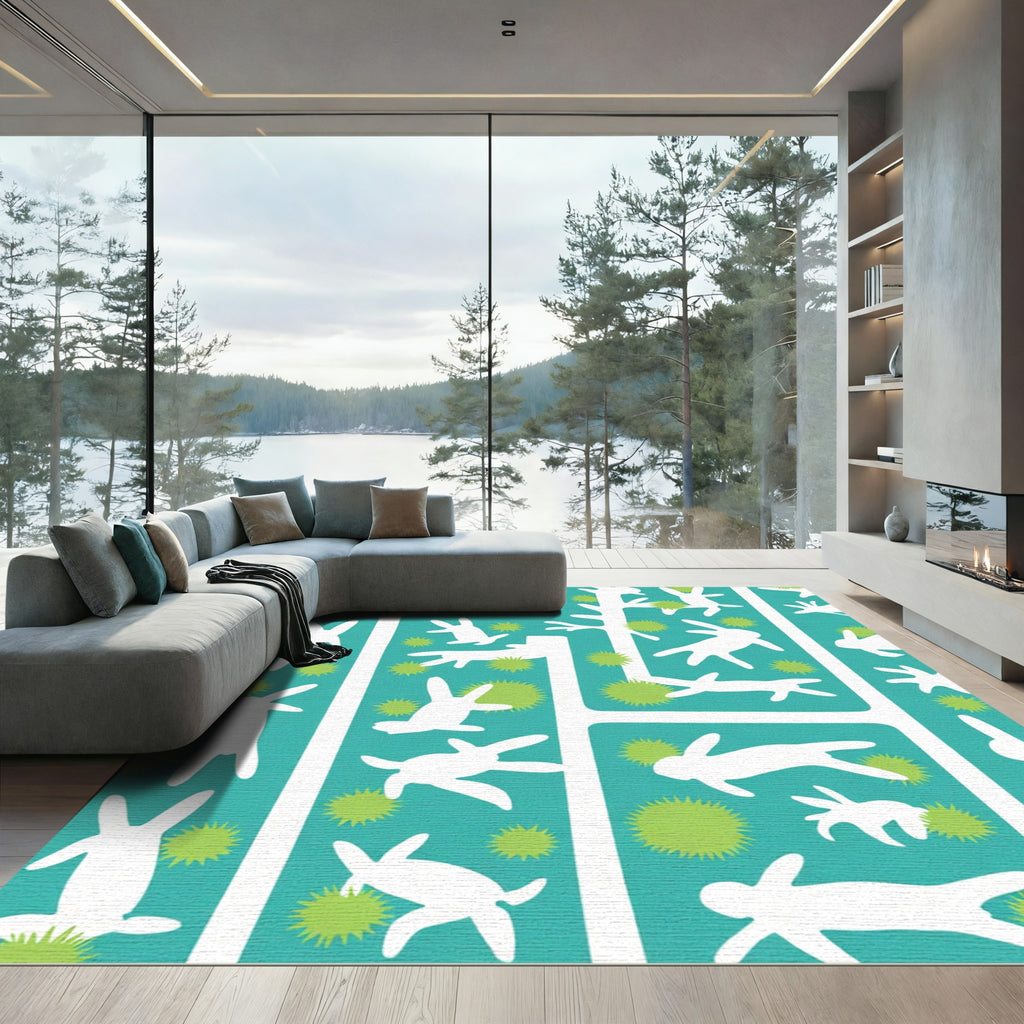 Teal White Rabbit Garden Scene Rug