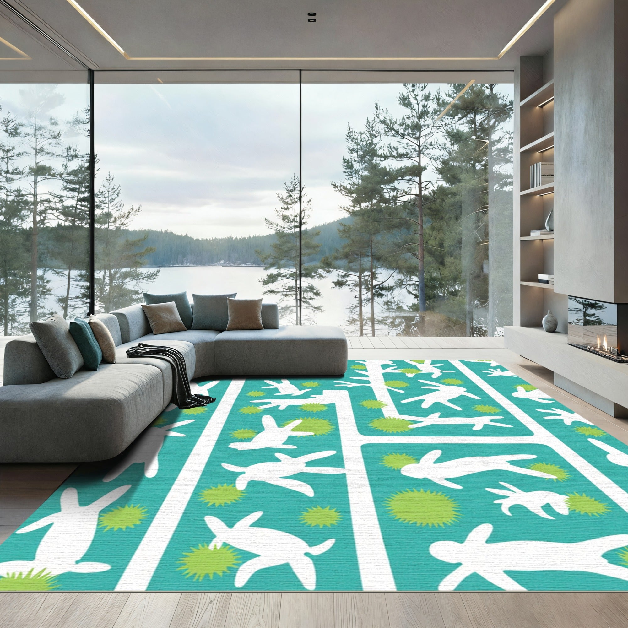 Teal White Rabbit Garden Scene Rug