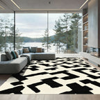 Black White Abstract Geometric Maze Rug