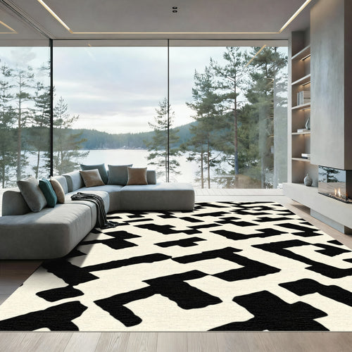Black White Abstract Geometric Maze Rug