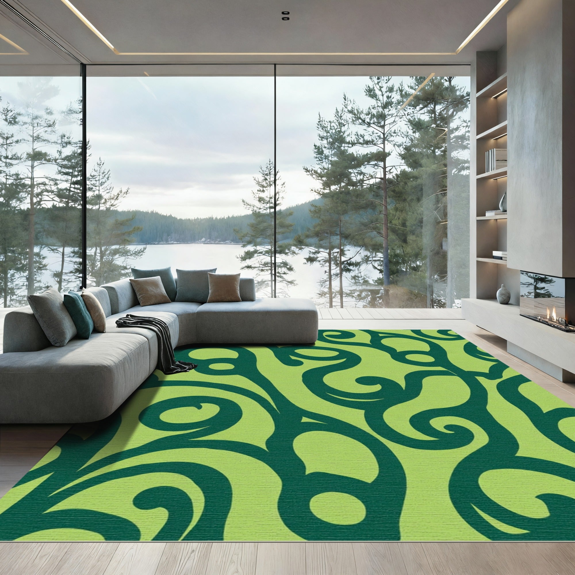 Vivid Lime Green Swirl Scroll Rug
