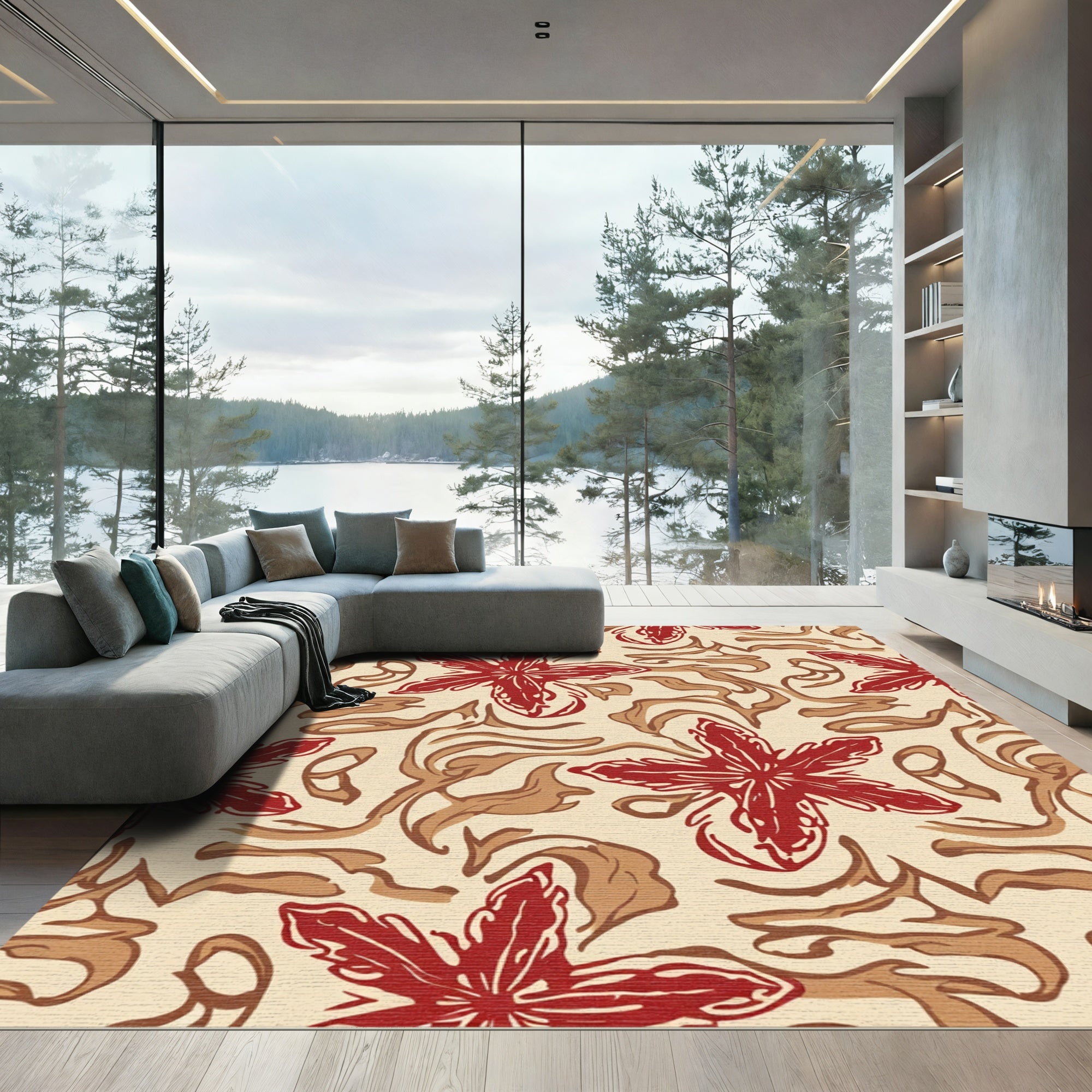 Crimson Starburst Swirls Botanical Rug
