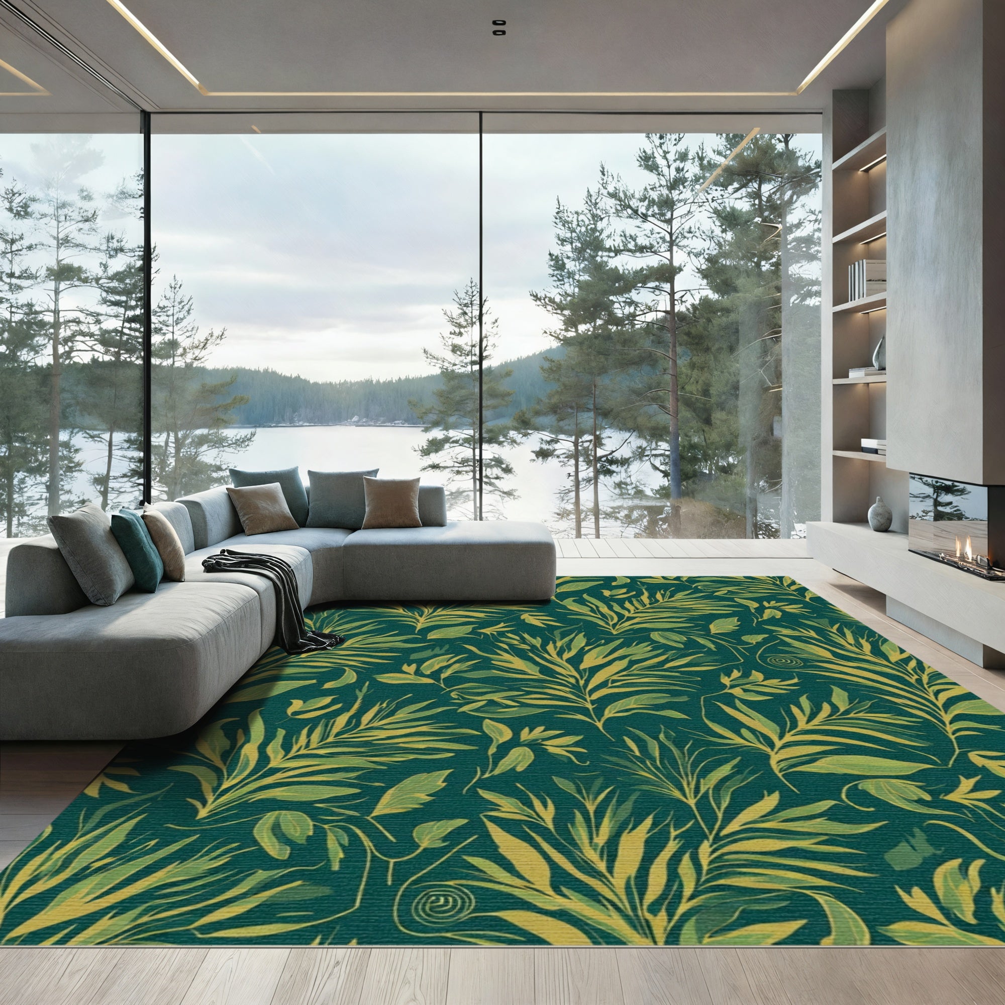 Deep Teal Lush Foliage Fern Leaves Rug