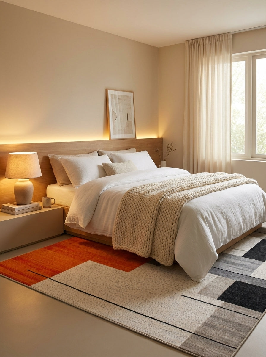 Vibrant Orange Geometric Modern Rug - Washable Flatwoven Chenille