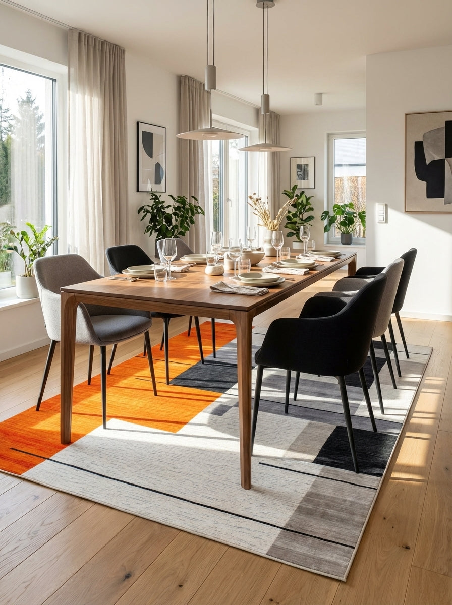 Vibrant Orange Geometric Modern Rug - Washable Flatwoven Chenille