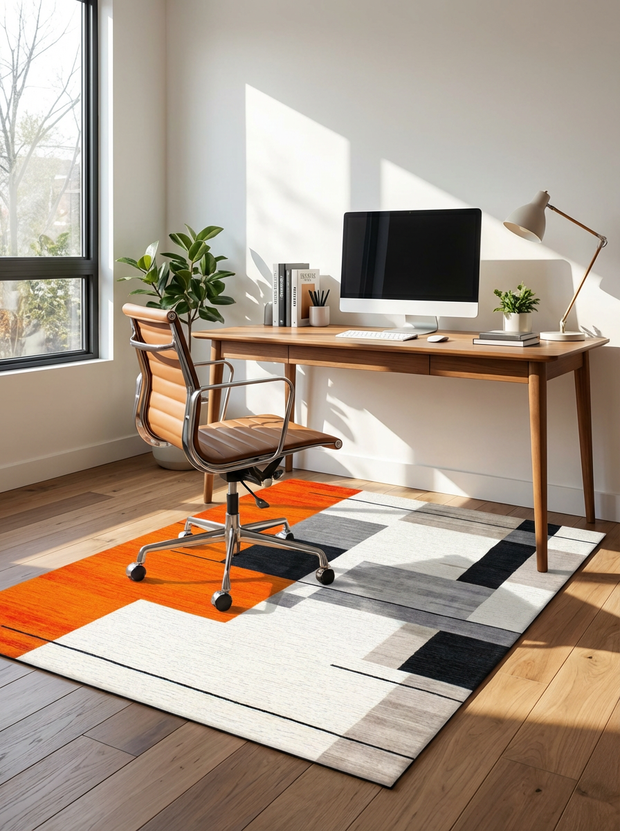 Vibrant Orange Geometric Modern Rug - Washable Flatwoven Chenille