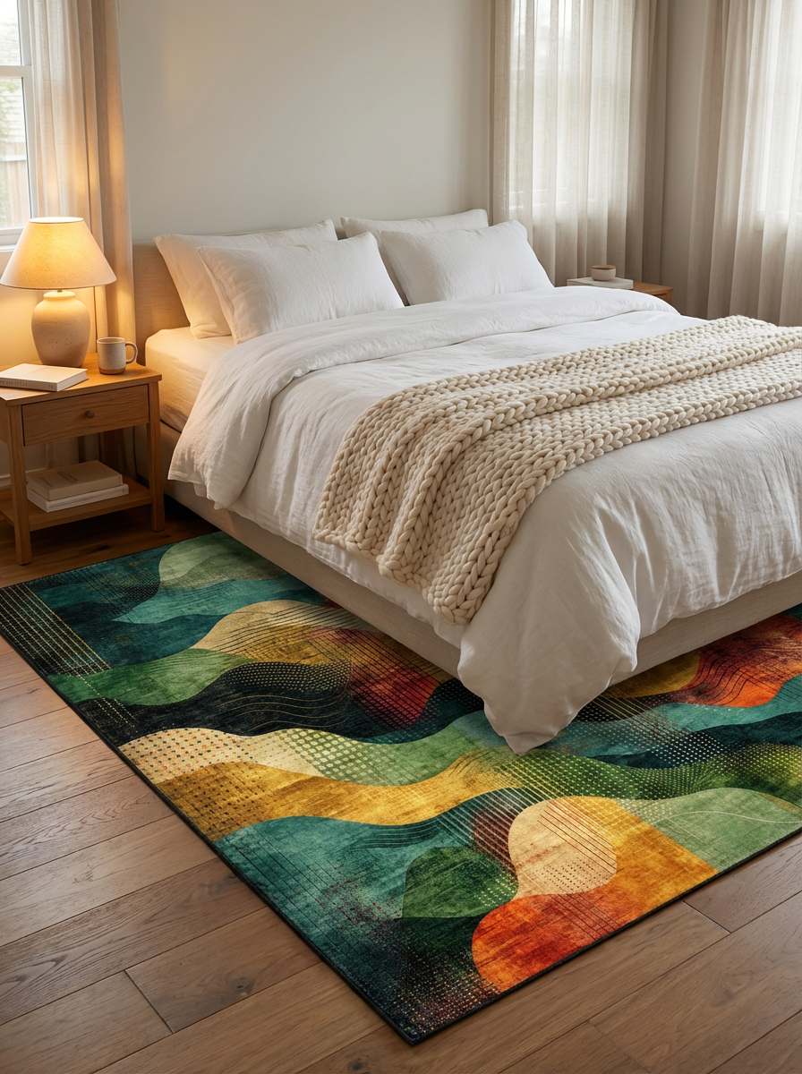 Vibrant Retro Wave-Print Rug - Washable Flatwoven Chenille