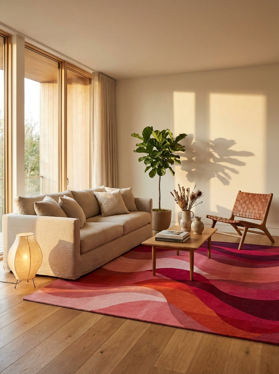 Crimson Pink Layered Wave Rug - Washable Flatwoven Chenille