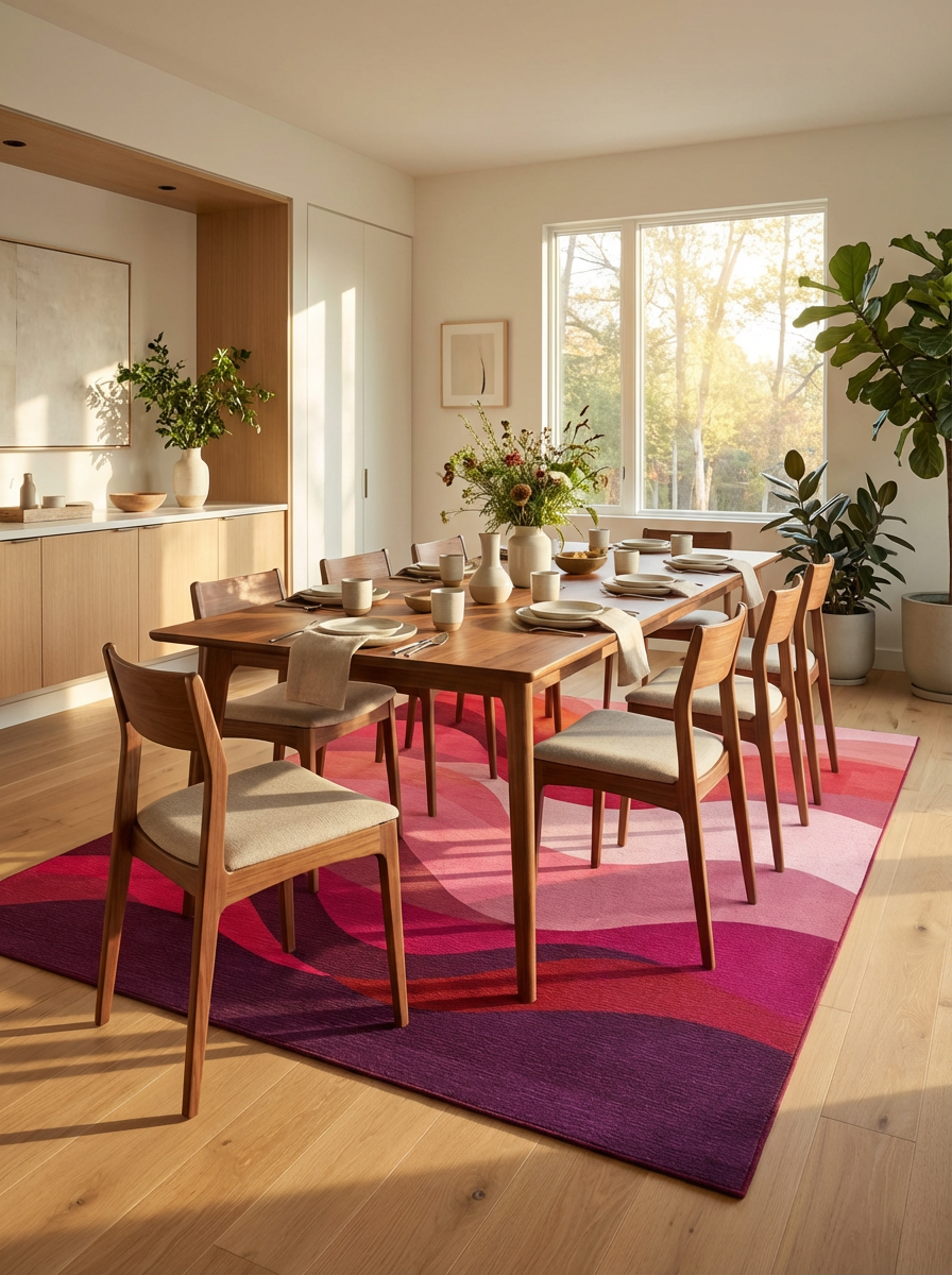 Crimson Pink Layered Wave Rug - Washable Flatwoven Chenille