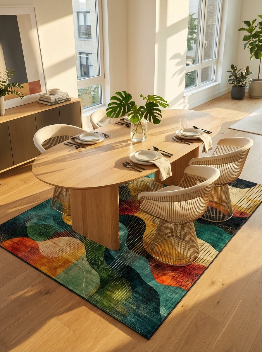 Vibrant Retro Wave-Print Rug - Washable Flatwoven Chenille