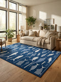 Navy Blue Playful Fish Pattern Rug - Washable Flatwoven Chenille